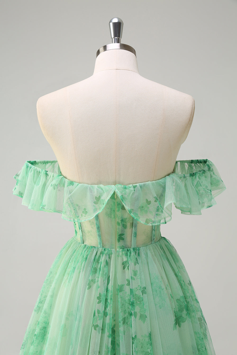 Grøn A Line Off The Shoulder Korset Flæseprint Lang Gallakjole med Slids