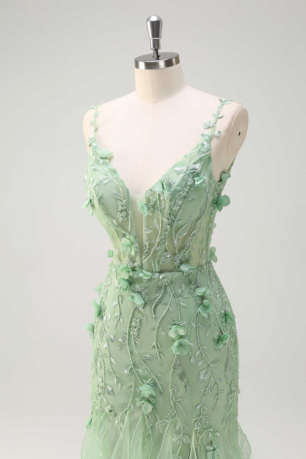 Grøn havfrue Spaghetti stropper 3D Blomster Lang Gallakjole med Slids