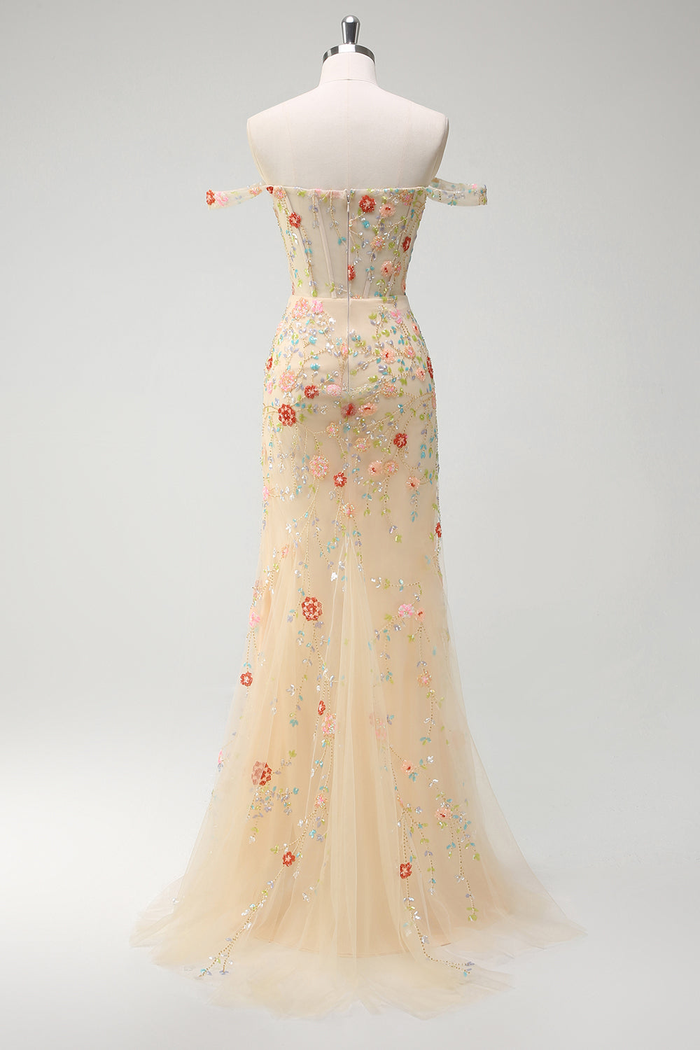 Glitrende champagne havfrue fra skulderen blomstret korset lang gallakjole med slids