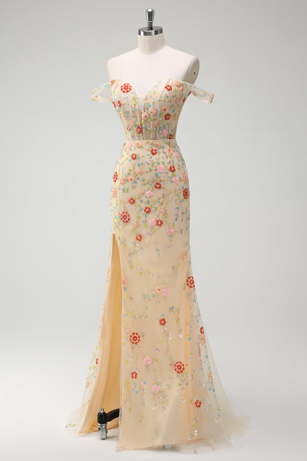 Glitrende champagne havfrue fra skulderen blomstret korset lang gallakjole med slids