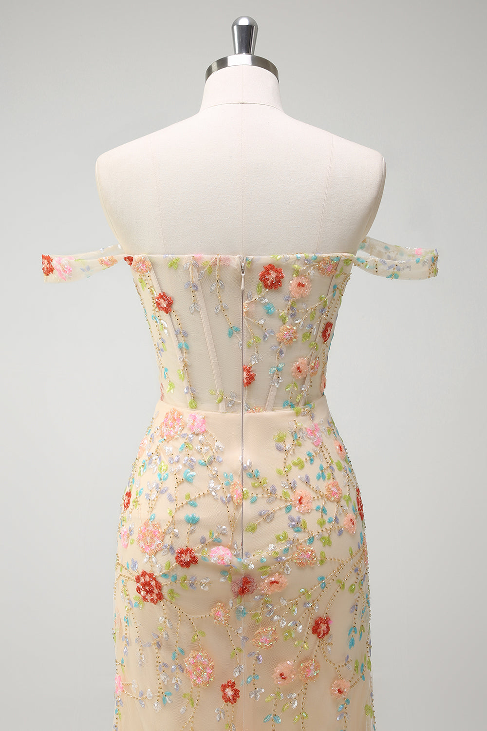 Glitrende champagne havfrue fra skulderen blomstret korset lang gallakjole med slids