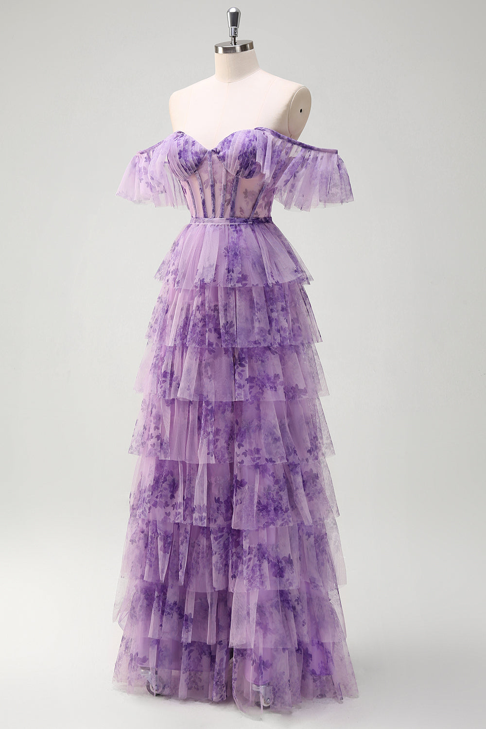 Lilla A-linje Off the Shoulder Korset Floral Ruffles Lang Gallakjole med slids