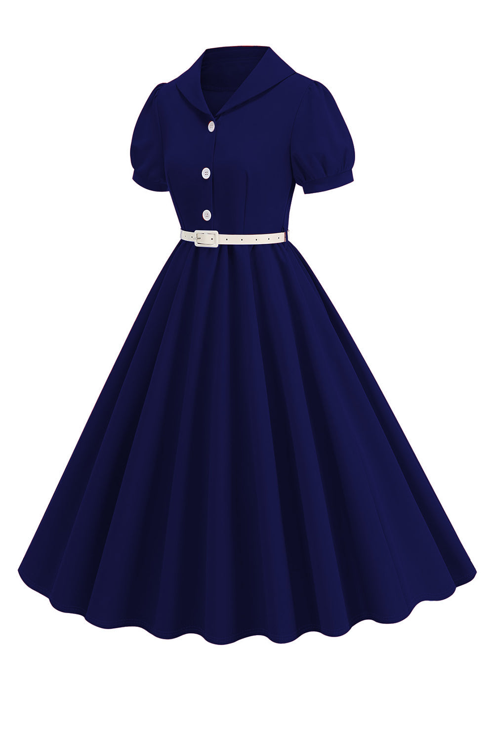 Sort V-hals korte ærmer A-linje Midi 1950'erne kjole med bælte