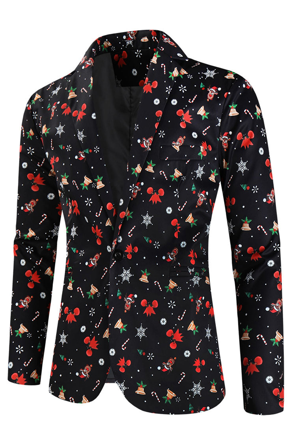 Sort Jul Trykt 3 Stykker Notched Revers Mænds Festival Suits