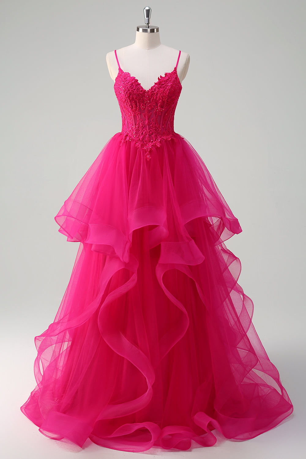 Hot Pink Appliques Korset Spaghetti Stropper A Line Spiral Flæser Gallakjole