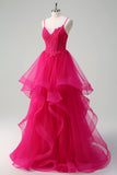 Hot Pink Appliques Korset Spaghetti Stropper A Line Spiral Flæser Gallakjole