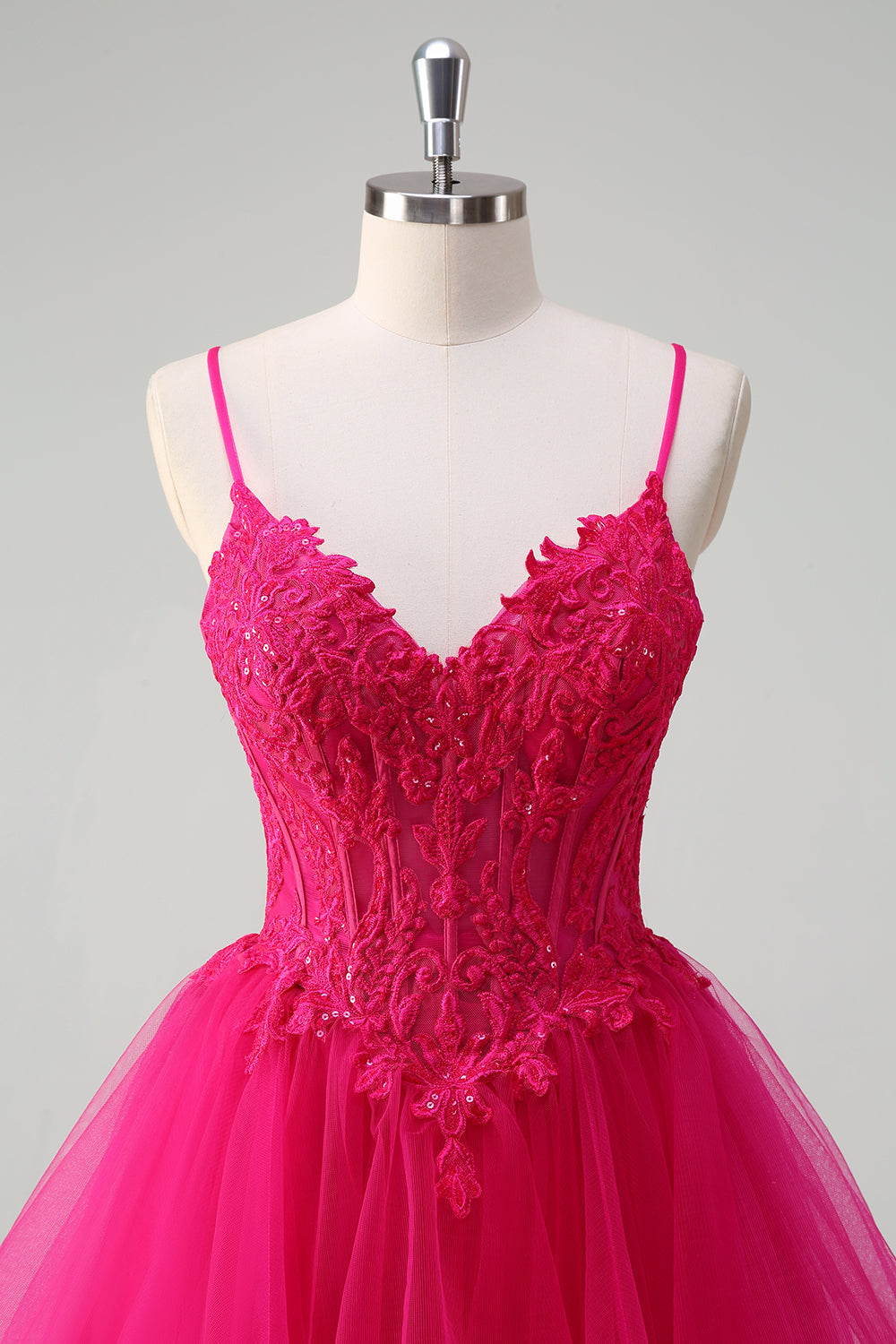Hot Pink Appliques Korset Spaghetti Stropper A Line Spiral Flæser Gallakjole