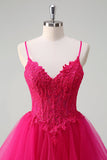 Hot Pink Appliques Korset Spaghetti Stropper A Line Spiral Flæser Gallakjole