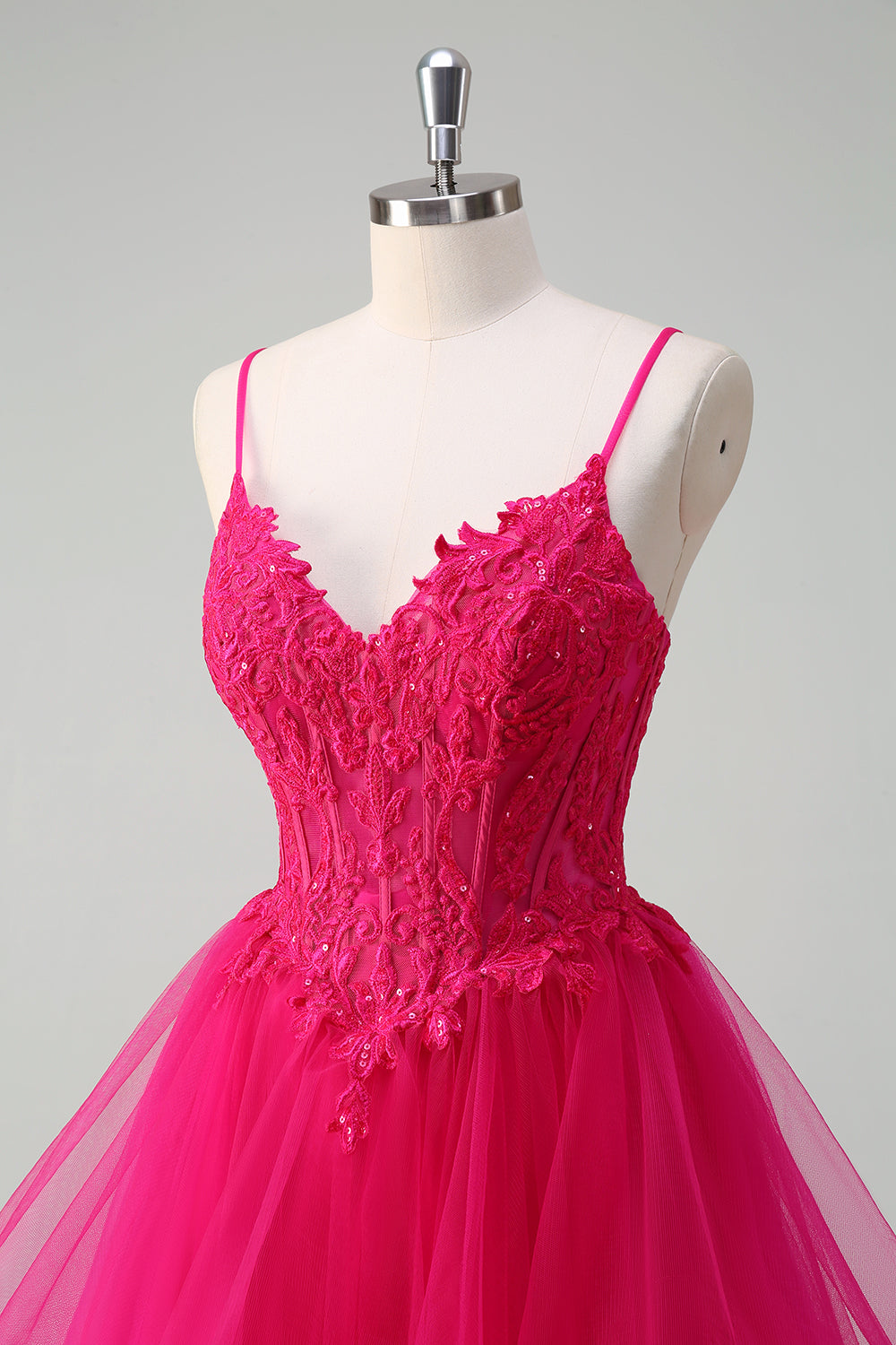 Hot Pink Appliques Korset Spaghetti Stropper A Line Spiral Flæser Gallakjole