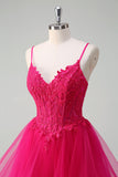 Hot Pink Appliques Korset Spaghetti Stropper A Line Spiral Flæser Gallakjole