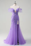 Glitrende lilla tyl havfrue off the shoulder paillet balkjole med slids