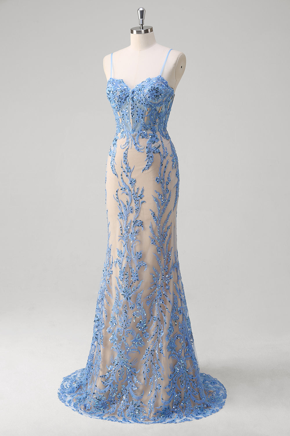 Blå havfrue korset Spaghetti stropper Lang gallakjole med pailletter