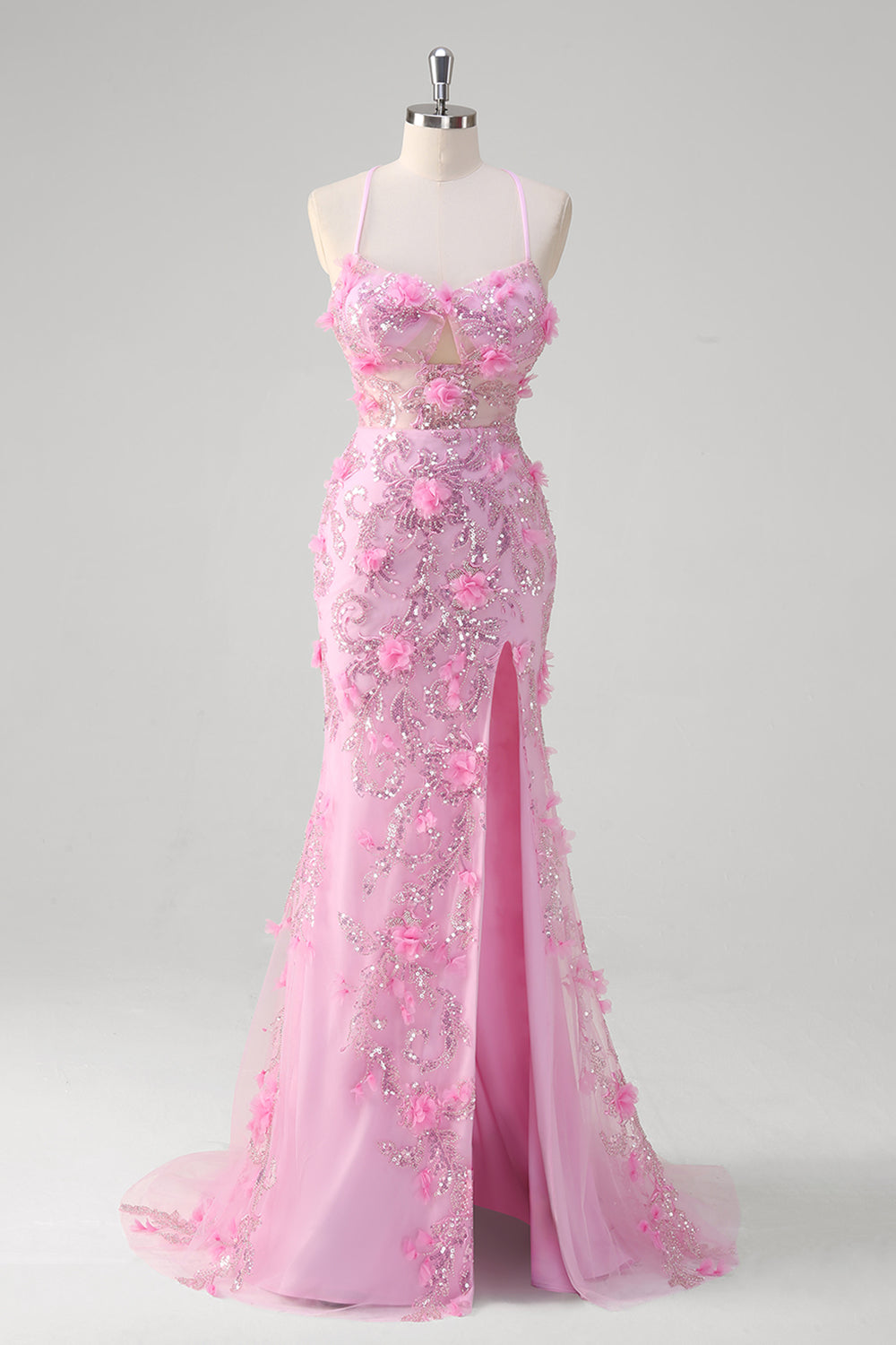 Pink Havfrue Spaghetti Stropper Paillet Gallakjole Med 3D Blomster
