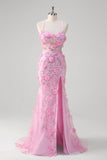 Pink Havfrue Spaghetti Stropper Paillet Gallakjole Med 3D Blomster