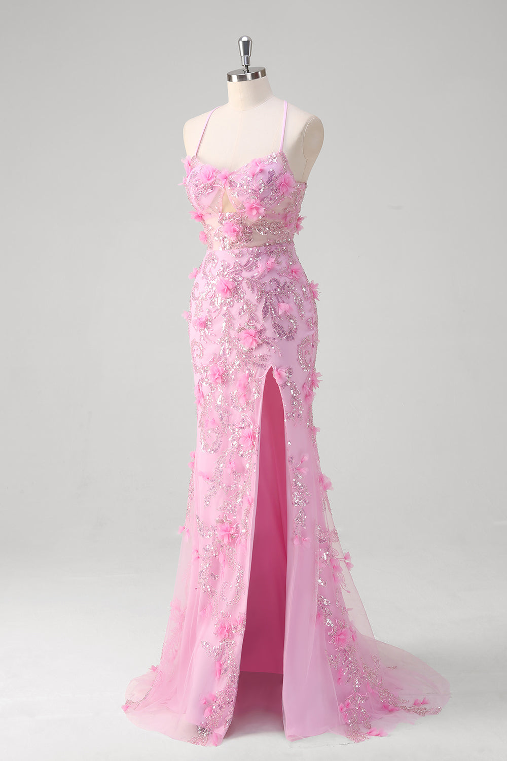 Pink Havfrue Spaghetti Stropper Paillet Gallakjole Med 3D Blomster