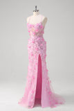 Pink Havfrue Spaghetti Stropper Paillet Gallakjole Med 3D Blomster