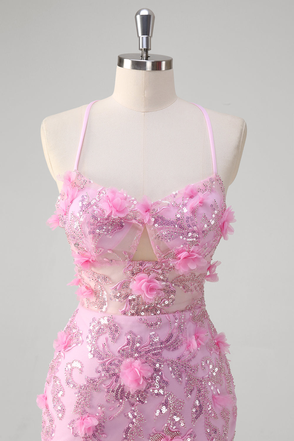 Pink Havfrue Spaghetti Stropper Paillet Gallakjole Med 3D Blomster