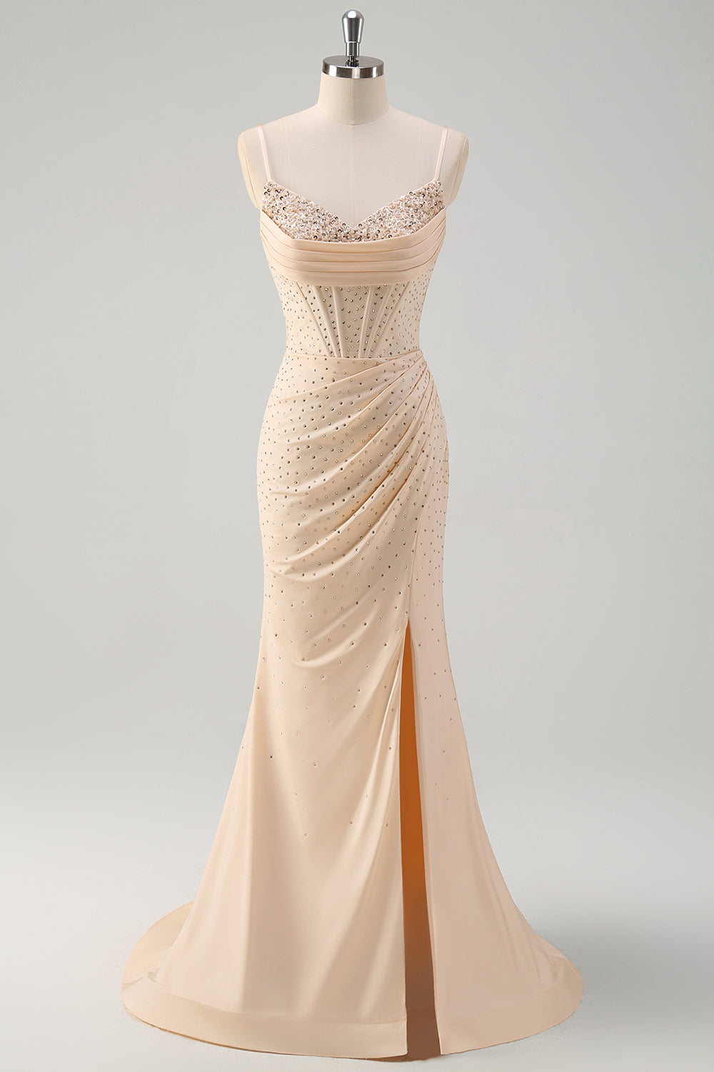 Glitter gul havfrue Spaghetti stropper Beaded lang korset Prom kjole med slids