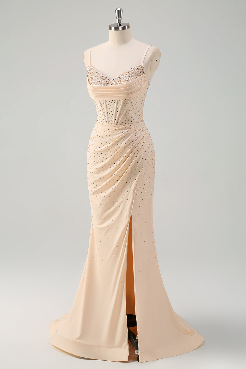 Glitter gul havfrue Spaghetti stropper Beaded lang korset Prom kjole med slids