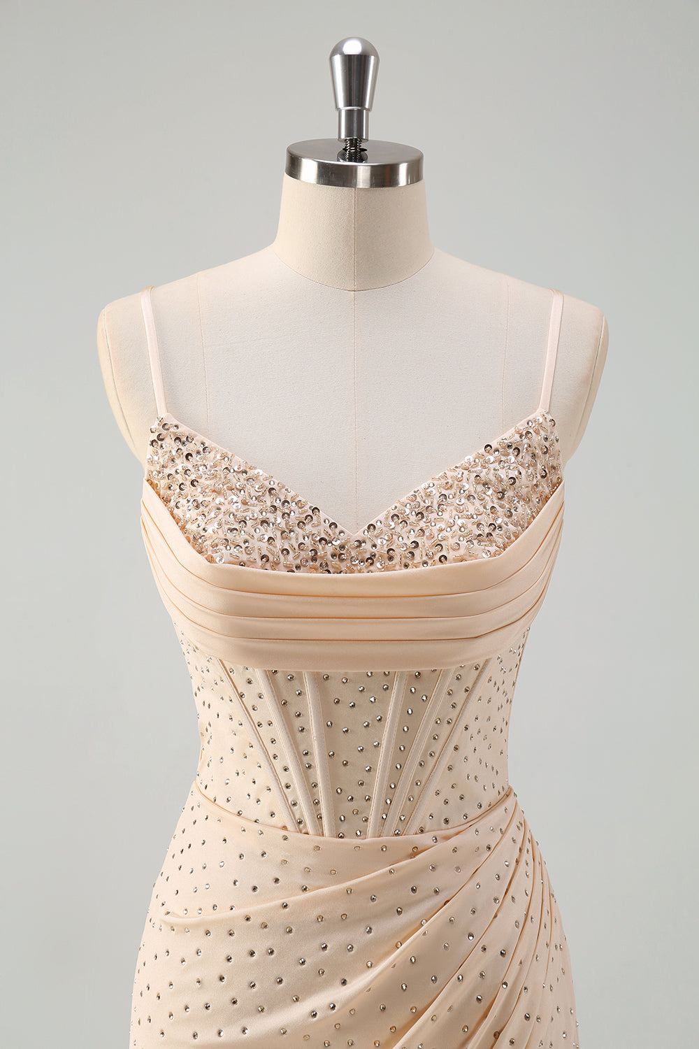 Glitter gul havfrue Spaghetti stropper Beaded lang korset Prom kjole med slids