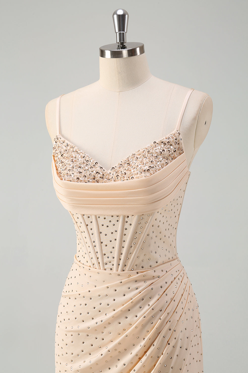 Glitter gul havfrue Spaghetti stropper Beaded lang korset Prom kjole med slids