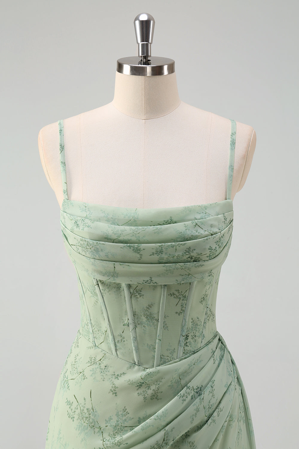 Støvet salvie havfrue blomsterkorset rynket lang gallakjole med slids