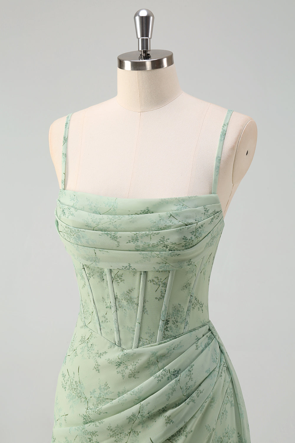 Støvet salvie havfrue blomsterkorset rynket lang gallakjole med slids