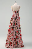 Pink rød blomst skede spaghetti stropper korset rynket lang balkjole med slids