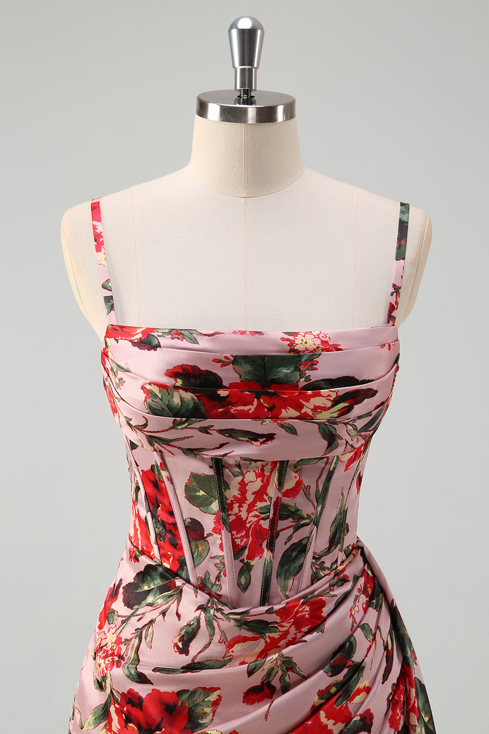 Pink rød blomst skede spaghetti stropper korset rynket lang balkjole med slids