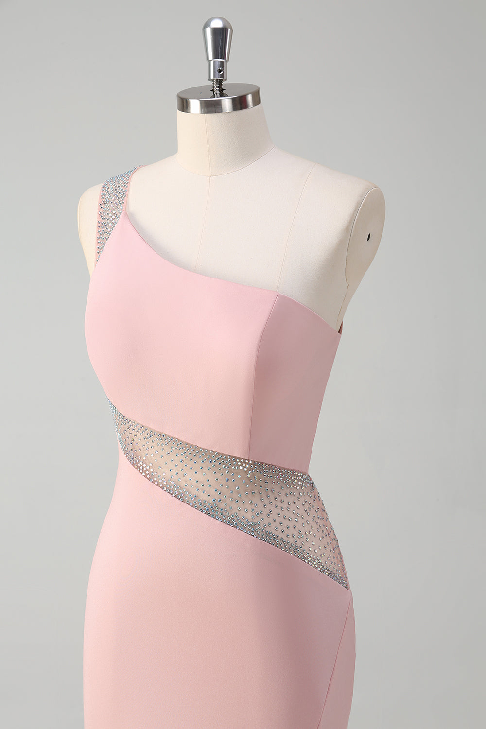 Glitrende lyserød havfrue en skulder beaded satin lang balkjole med slids