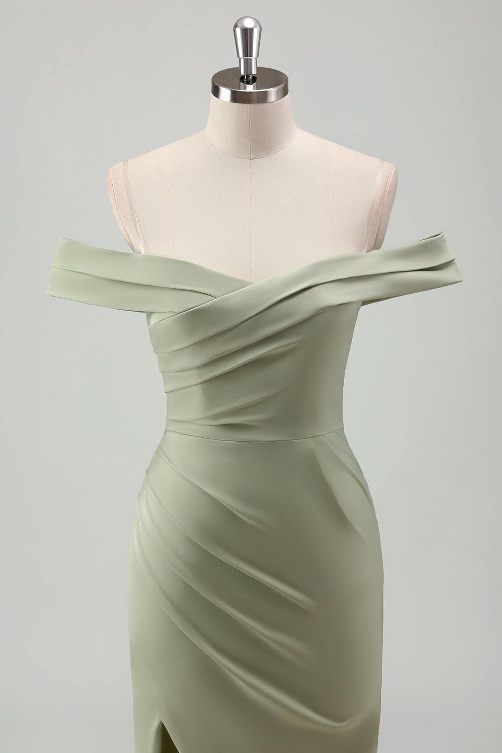 Sage havfrue fra skulderen rynket lang gallakjole med slids