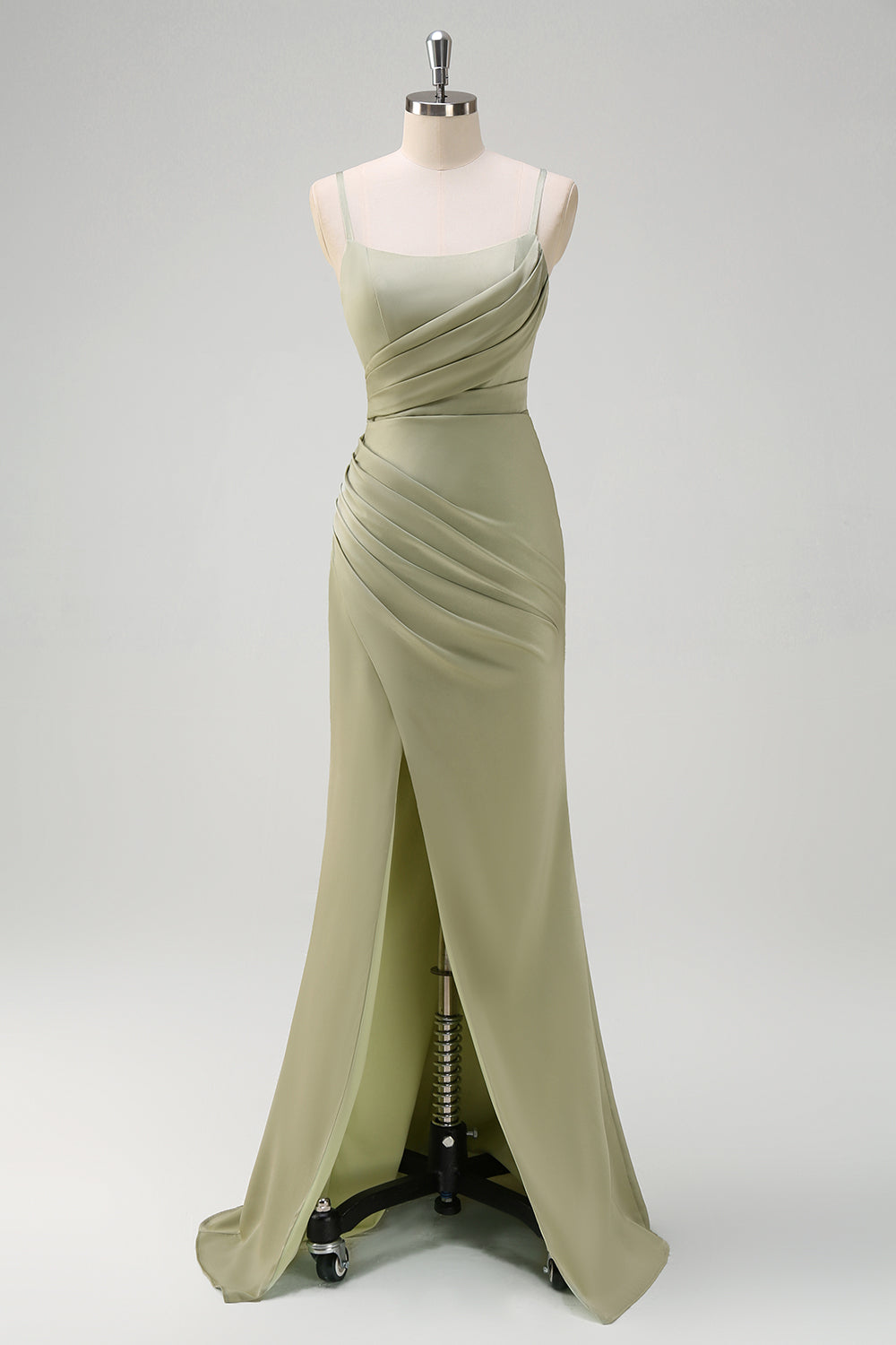 Sage havfrue Spaghetti stropper rynket satin brudepigekjole med slids