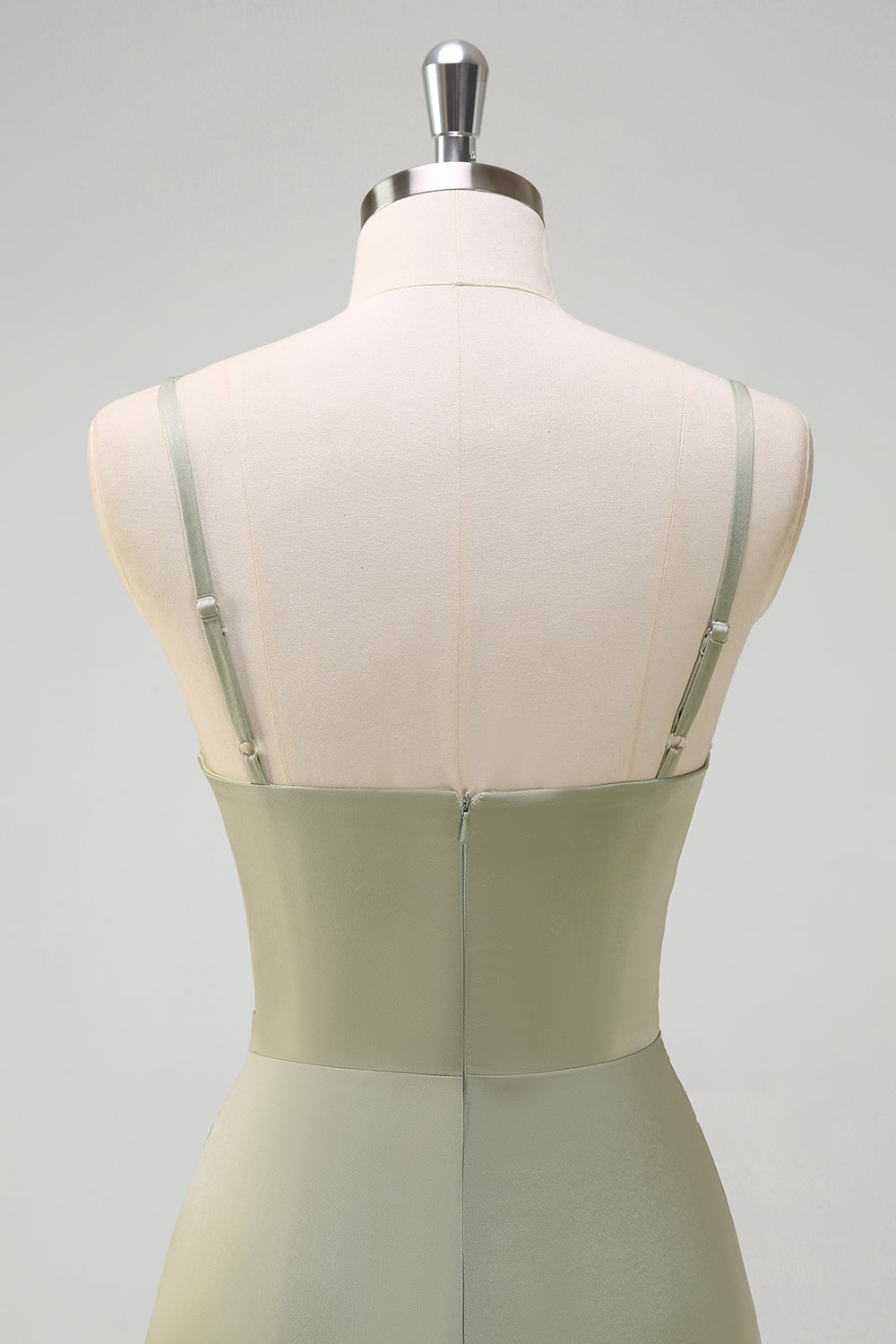 Sage havfrue Spaghetti stropper rynket satin brudepigekjole med slids