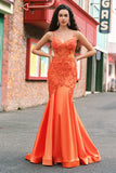Orange havfrue korset Spaghetti stropper Beaded lang gallakjole