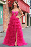 Fuchsia Prinsesse Stropløs Udskæring Tiered Tyl Lange Gallakjoler