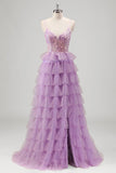 Glitrende A Line Lagdelt Lilac Pailletter Gallakjole med slids