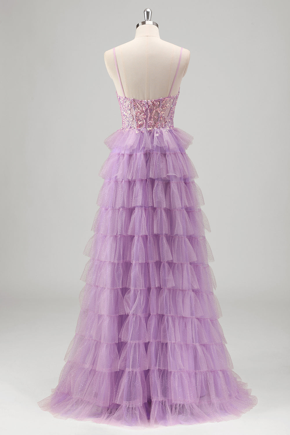 Glitrende A Line Lagdelt Lilac Pailletter Gallakjole med slids