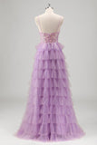 Glitrende A Line Lagdelt Lilac Pailletter Gallakjole med slids