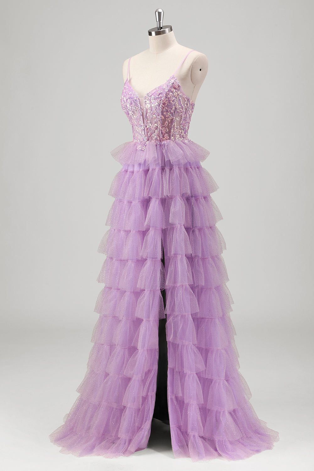 Glitrende A Line Lagdelt Lilac Pailletter Gallakjole med slids