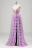 Glitrende A Line Lagdelt Lilac Pailletter Gallakjole med slids