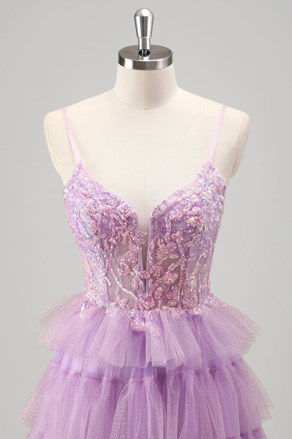 Glitrende A Line Lagdelt Lilac Pailletter Gallakjole med slids