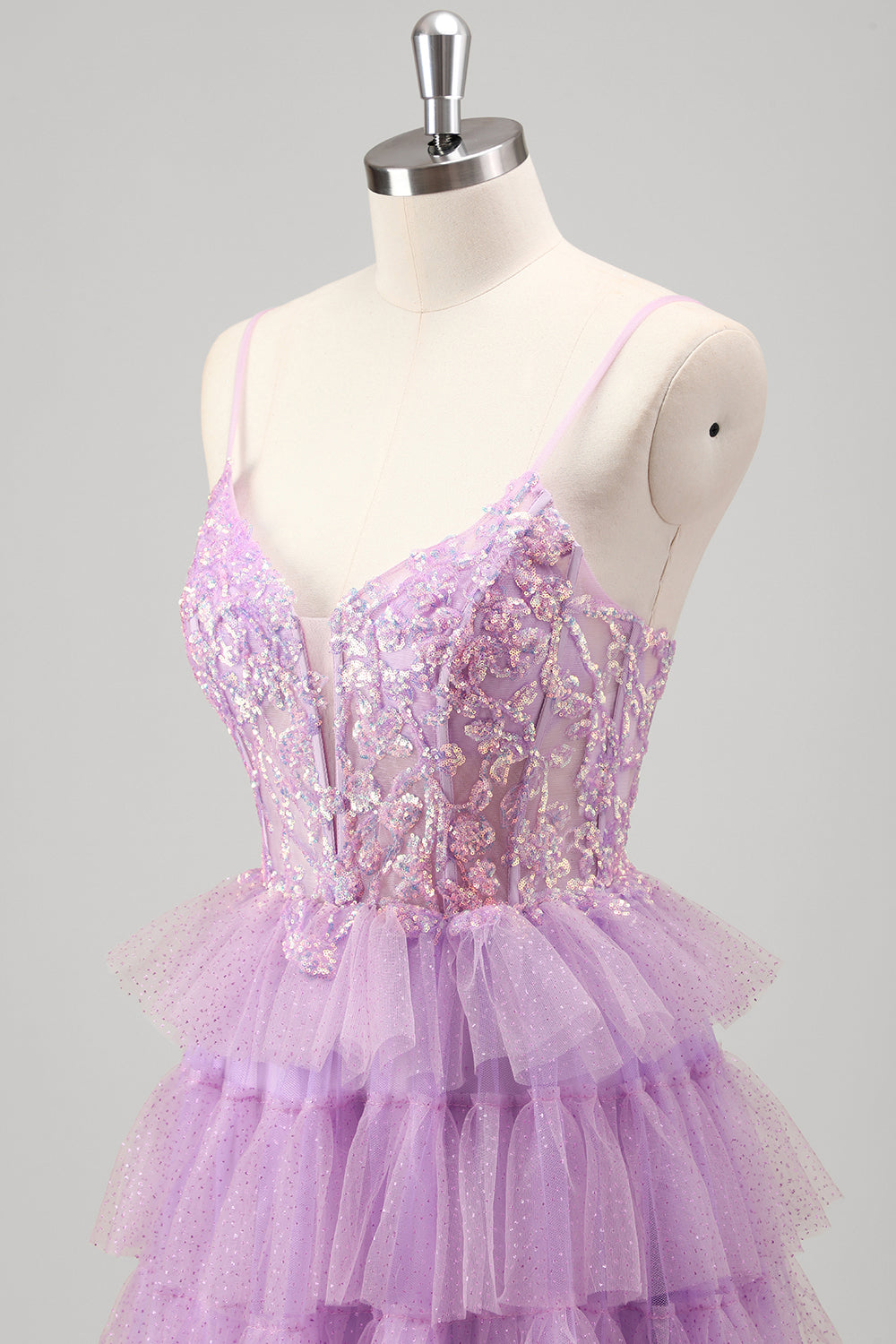 Glitrende A Line Lagdelt Lilac Pailletter Gallakjole med slids