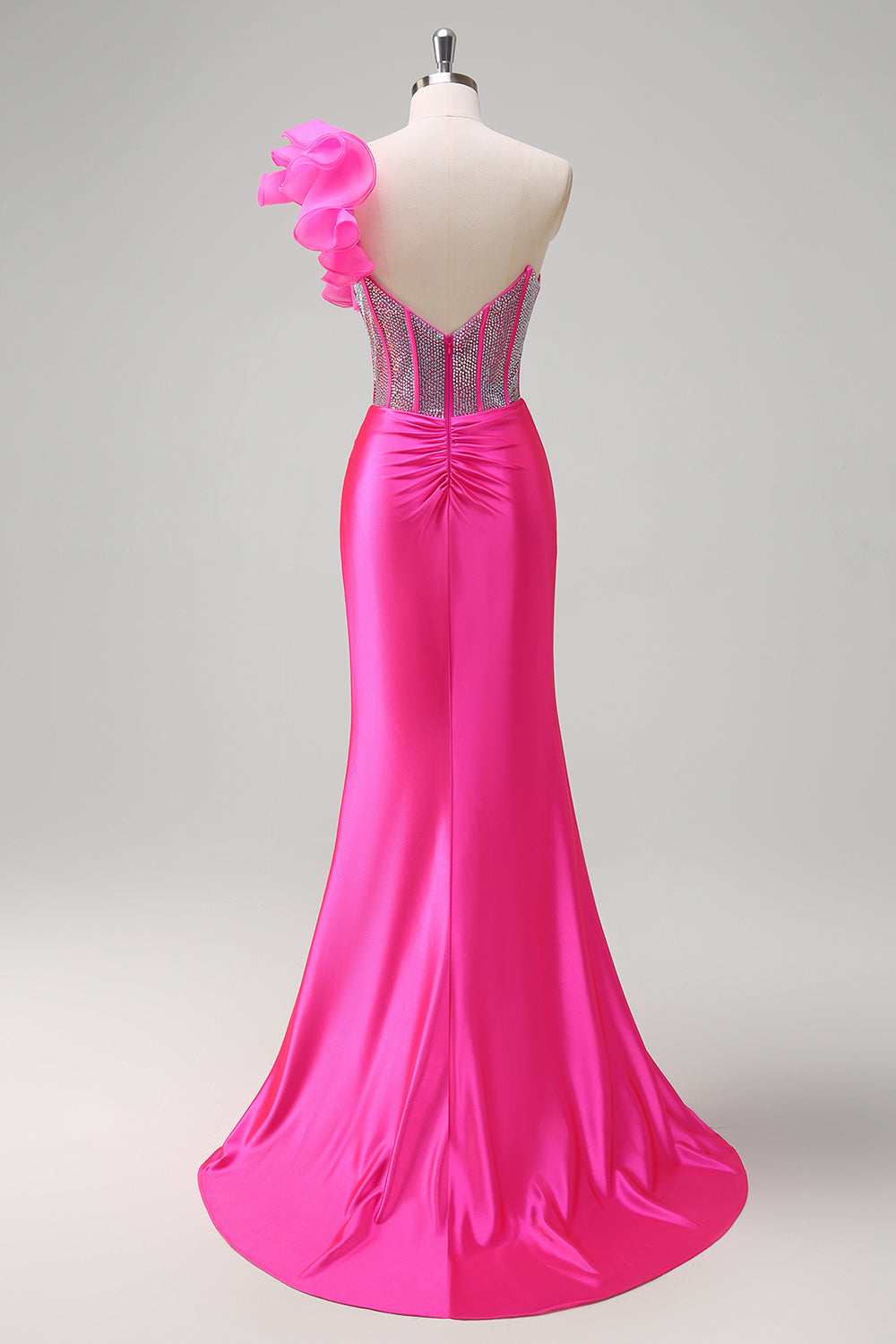 Havfrue Fuchsia One Shoulder aftagelige flæser Lang balkjole med slids