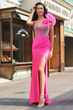 Havfrue Fuchsia One Shoulder aftagelige flæser Lang balkjole med slids