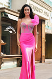 Havfrue Fuchsia One Shoulder aftagelige flæser Lang balkjole med slids