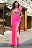 Havfrue Fuchsia One Shoulder aftagelige flæser Lang balkjole med slids