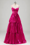 Glitrende En linje Fuchsia Korset Lagdelt Spaghetti Stropper Metallisk Gallakjole