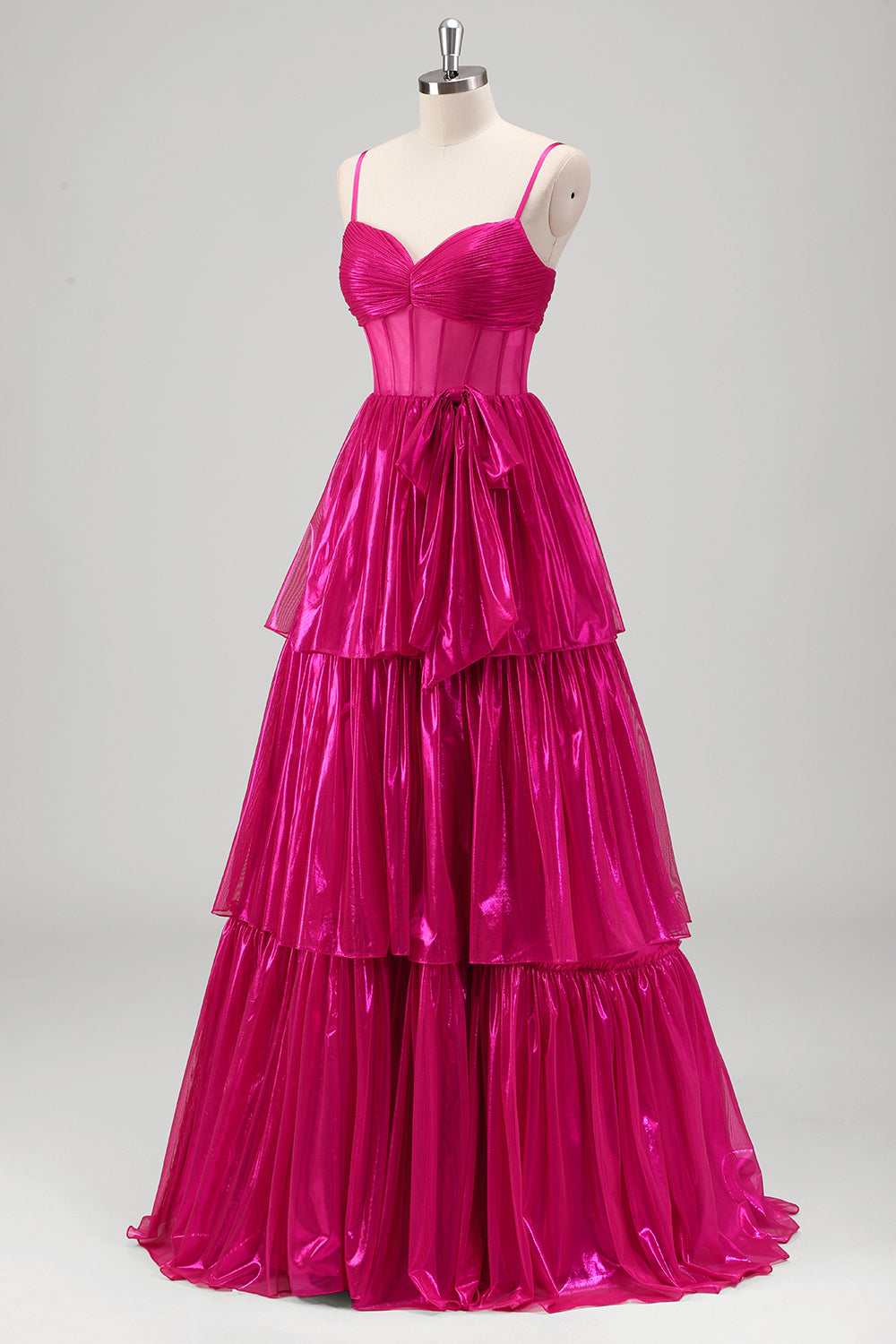 Glitrende En linje Fuchsia Korset Lagdelt Spaghetti Stropper Metallisk Gallakjole