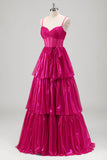 Glitrende En linje Fuchsia Korset Lagdelt Spaghetti Stropper Metallisk Gallakjole