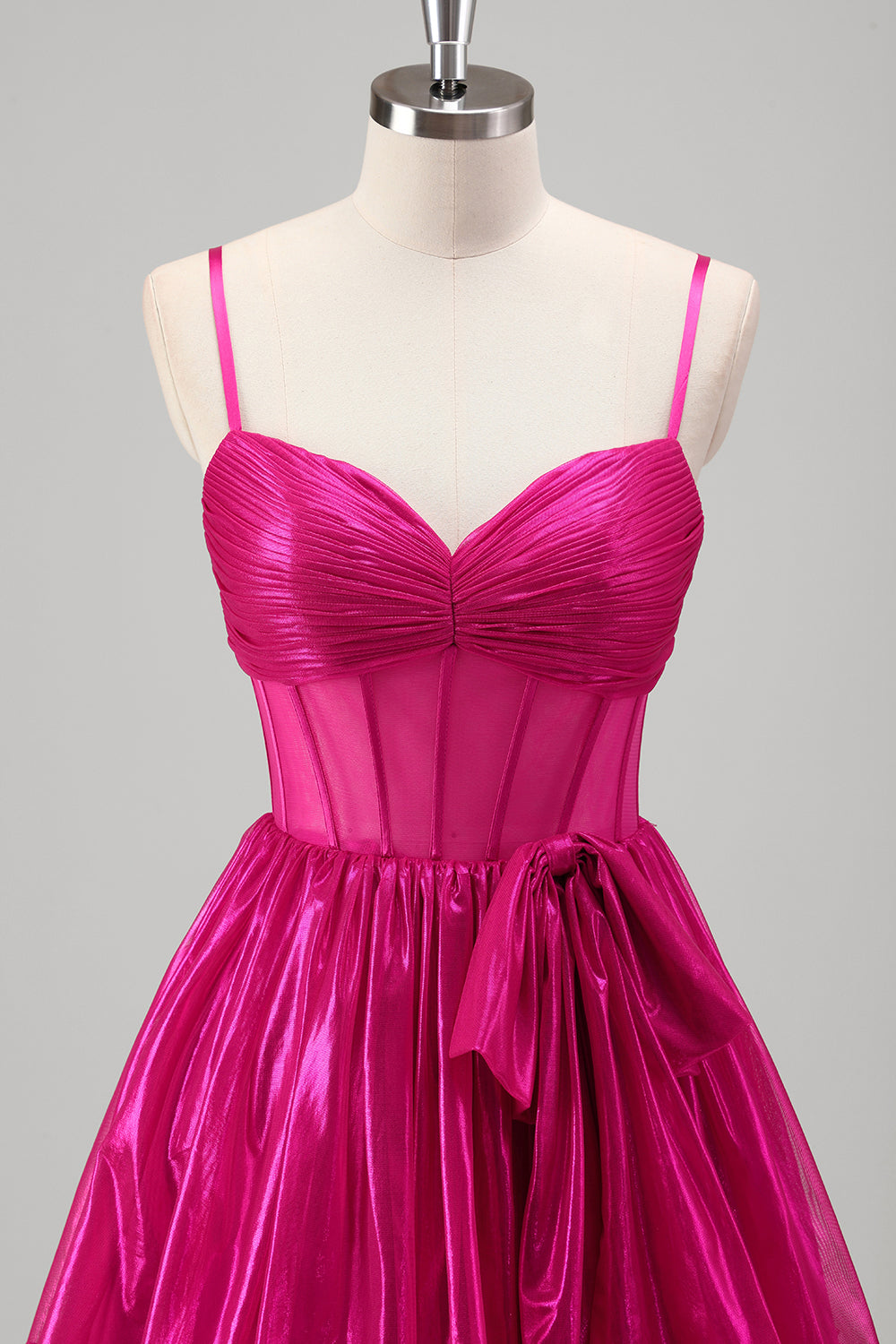 Glitrende En linje Fuchsia Korset Lagdelt Spaghetti Stropper Metallisk Gallakjole